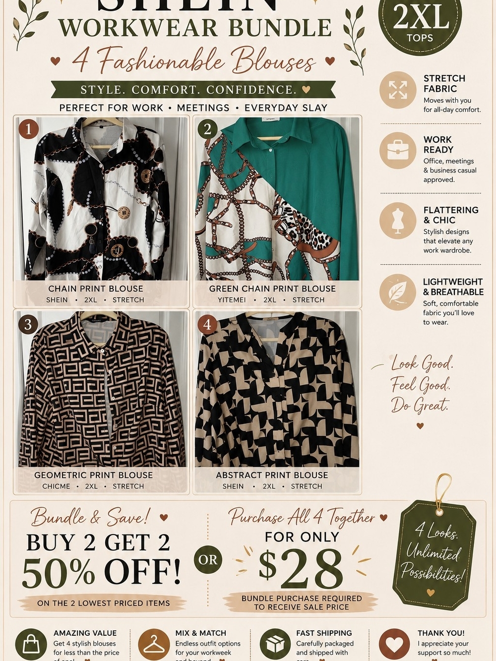 SHEIN Green Chain Print Blouse - Women’s Workwear Top